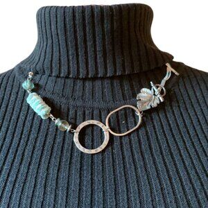 3x35$ 🐿 🍁 CREATION - Leaf short necklace ruban beads - green white